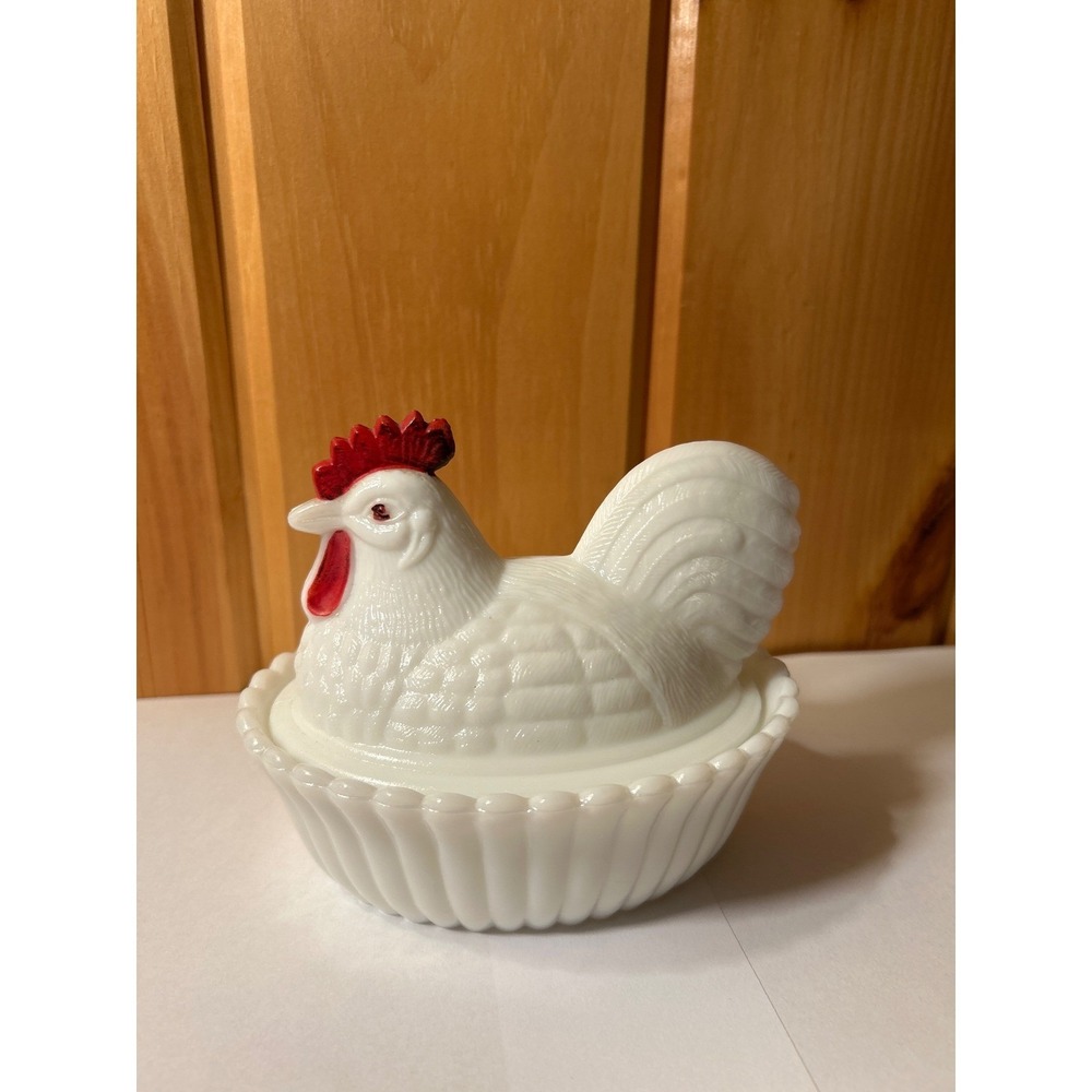 Farmhouse Rooster on Nest Vintage Milk Glass 5 3/8" in length Hand Painted
